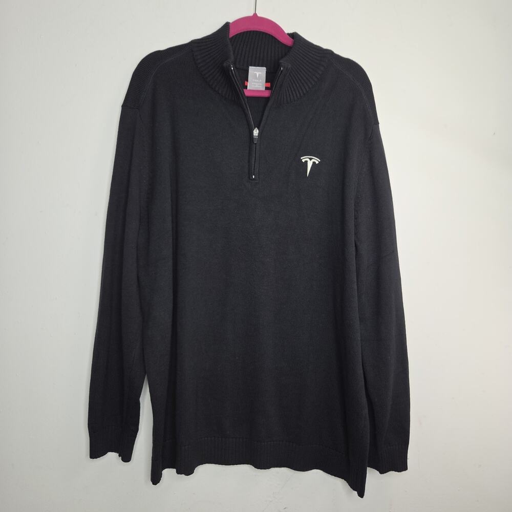 Tesla Motors Sweater Mens 2X Black 1/4 Zip Cotton Blend Logo - Preowned Excel
